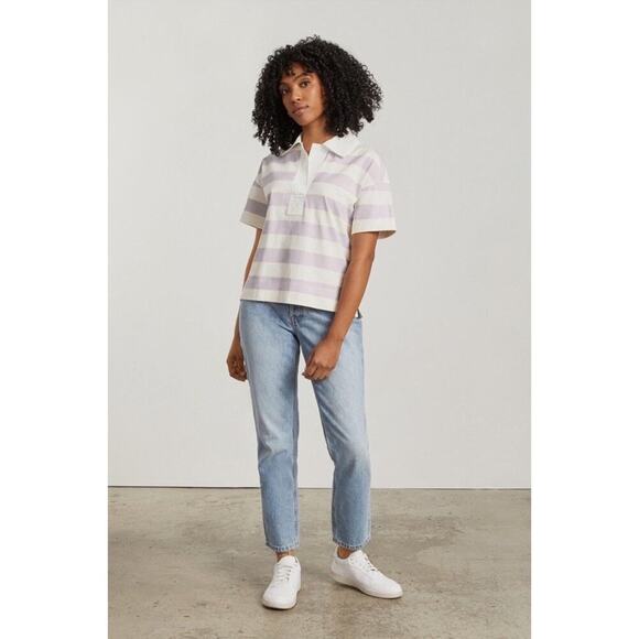 Everlane Organic Cotton Rugby Stripe Polo Shirt XS Cream Pink Short Sleeve - Picture 4 of 12